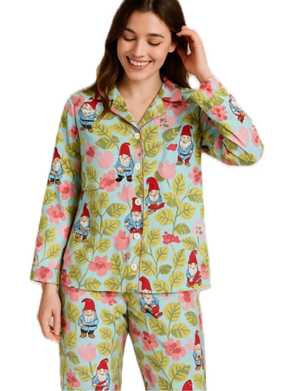 Nick & Nora Womens Pajama Set Gnomes Floral Print Blue Cotton Size Medium